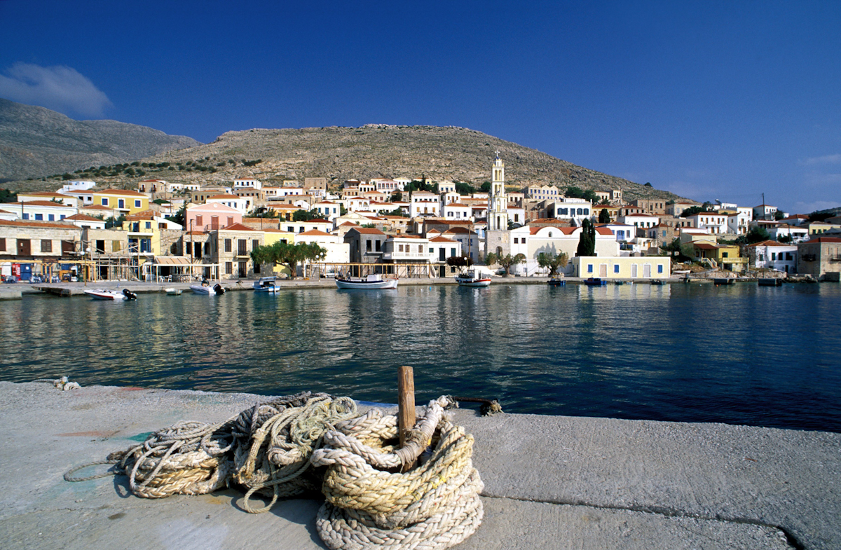 Halki Island of the Dodecanese Chora, harbor, anchor rope